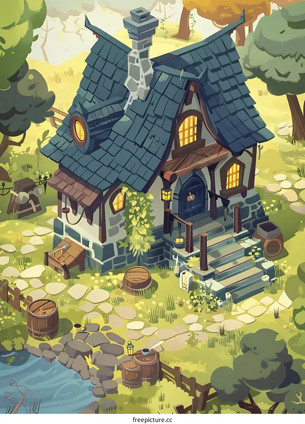 Cartoon Illustration of a Small House in a Forest