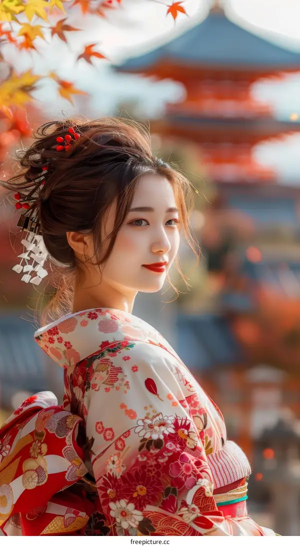 Portrait of a Japanese Geisha in Traditional Kimono