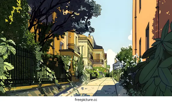 Illustrated Urban Alleyway with Lush Greenery