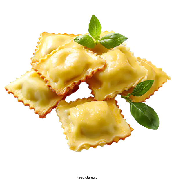 [Transparent Background PNG]Ravioli Pasta with Basil on White Background