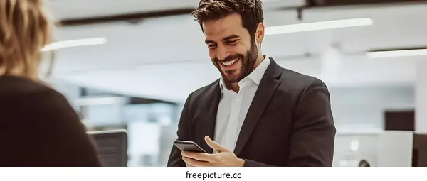 Smiling Businessman Using Smartphone in Office