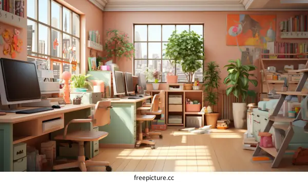 A home office with two desks, plants, and a lot of natural light