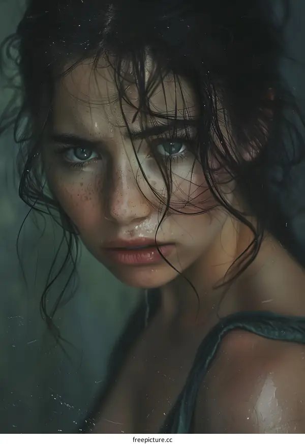 Portrait of a young woman with wet hair and freckles