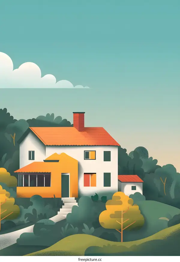 Minimalist Illustration of a Yellow House in a Green Landscape