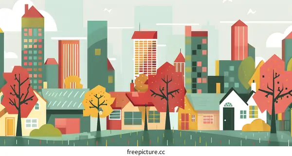Colorful Illustration of Cityscape with Buildings and Trees