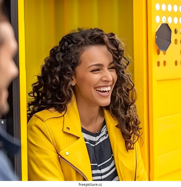 Happy Woman Wearing a Yellow Jacket