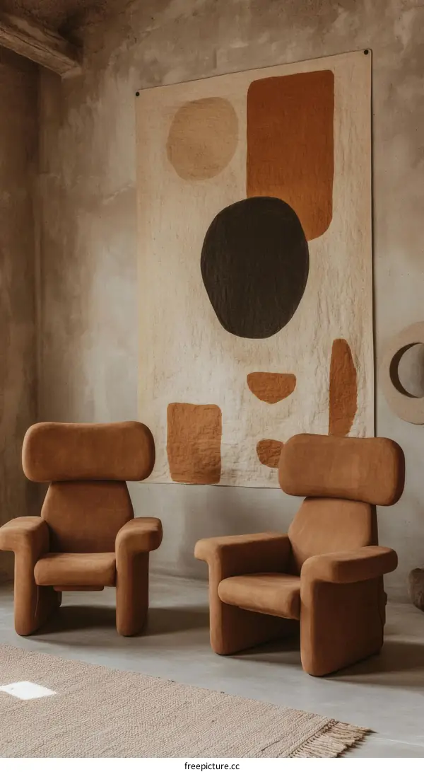 Beige Abstract Wall Hanging and Brown Armchairs
