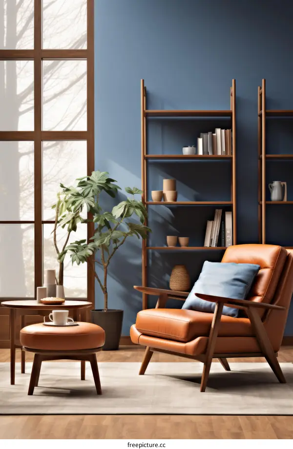 brown leather armchair and ottoman in a blue room