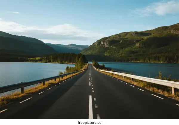 A scenic road running through a beautiful landscape with water and mountains