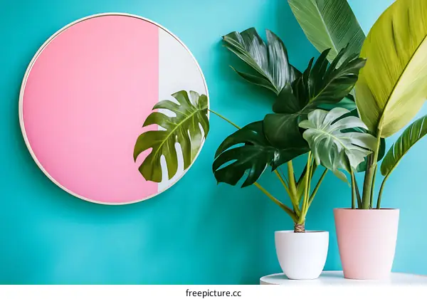 Pink and White Round Mirror with Green Plants on a Turquoise Wall