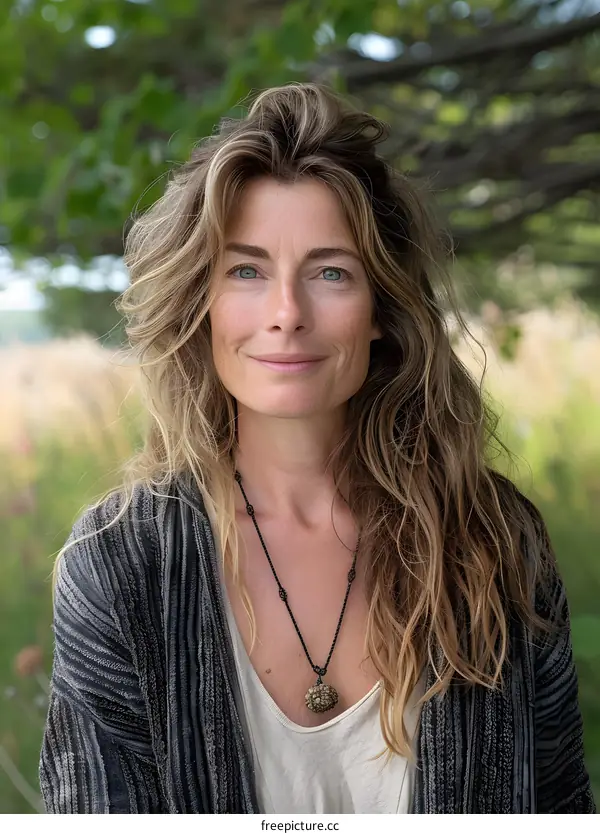 portrait of a blonde woman in a gray sweater