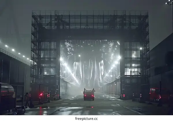 Steel Structure with Lights in Fog at Night