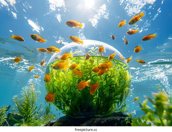 Goldfish in a Glass Sphere Underwater