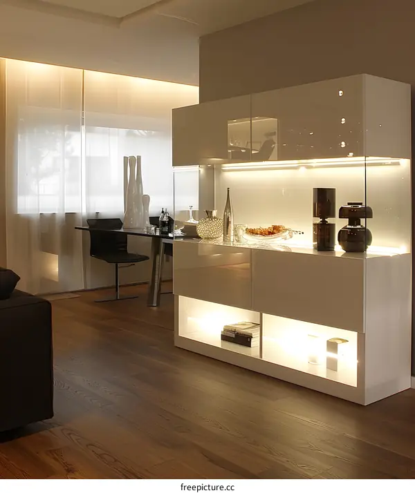 Modern White Cabinet With Glass Doors And LED Lighting In Living Room