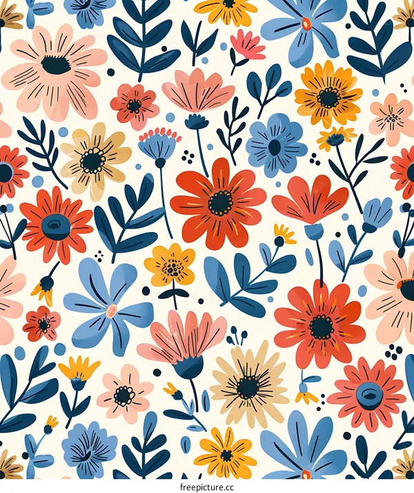 Floral Pattern with Bright Colors and Abstract Shapes