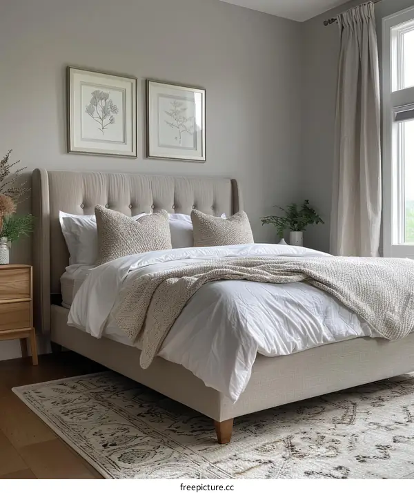 Elegant master bedroom with a tufted bed and a gray patterned rug