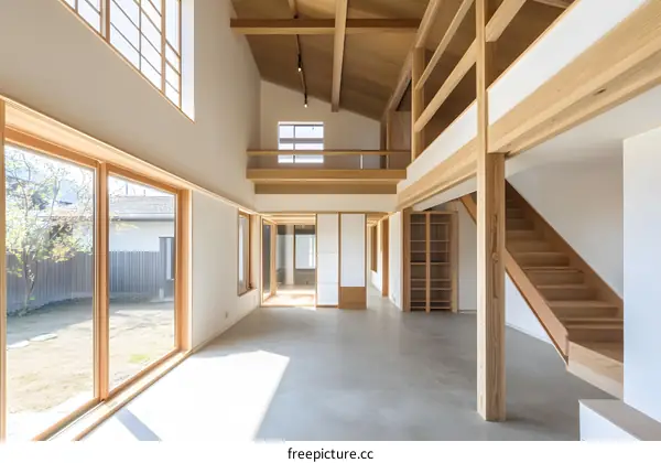 Modern Japanese Style Home Interior Design With Wooden Beams And Large Windows