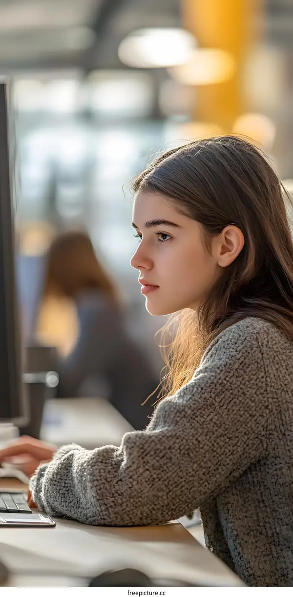 Young Woman Working on a Computer at a Desk