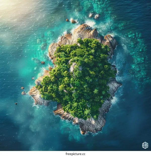 Small tropical island with dense vegetation and a rocky coastline in the middle of the ocean