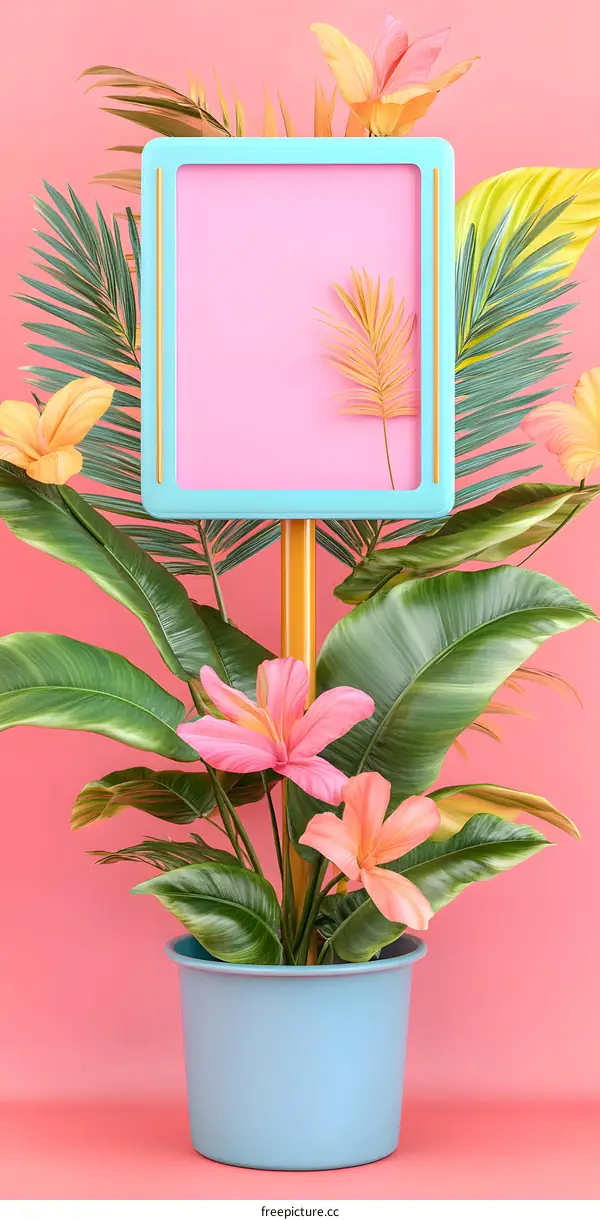 Tropical Plant With Blank Sign In Pink Background