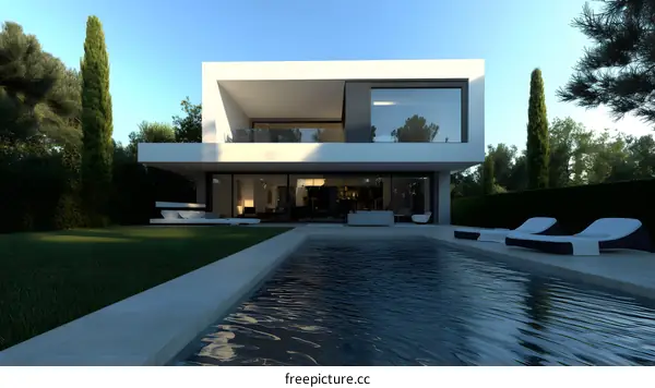 Modern Minimalist House with Swimming Pool and Lush Green Trees