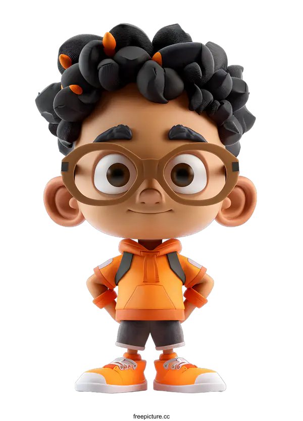 [Transparent Background PNG]3D illustration of a boy wearing glasses and an orange hoodie