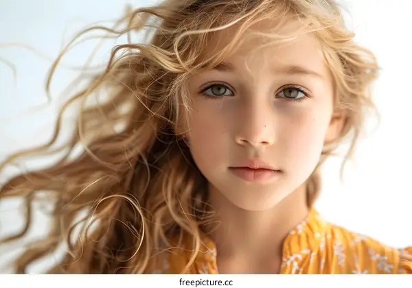 Close Up Portrait of Young Blonde Girl with Curly Hair