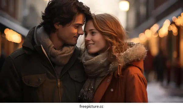 A young couple is walking down a street with their arms around each other and smiling at each other.