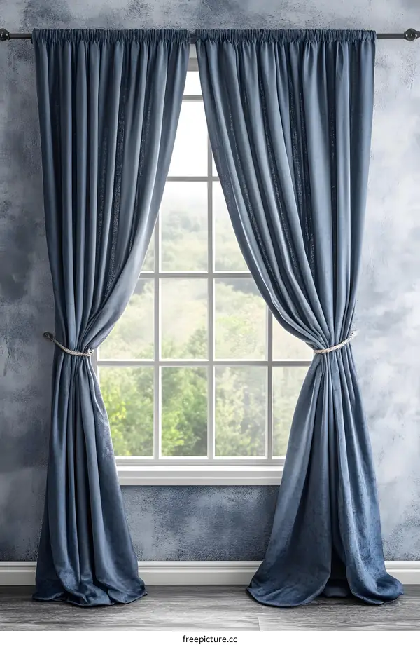 Blue Linen Curtains Draped Over Window With White Trim
