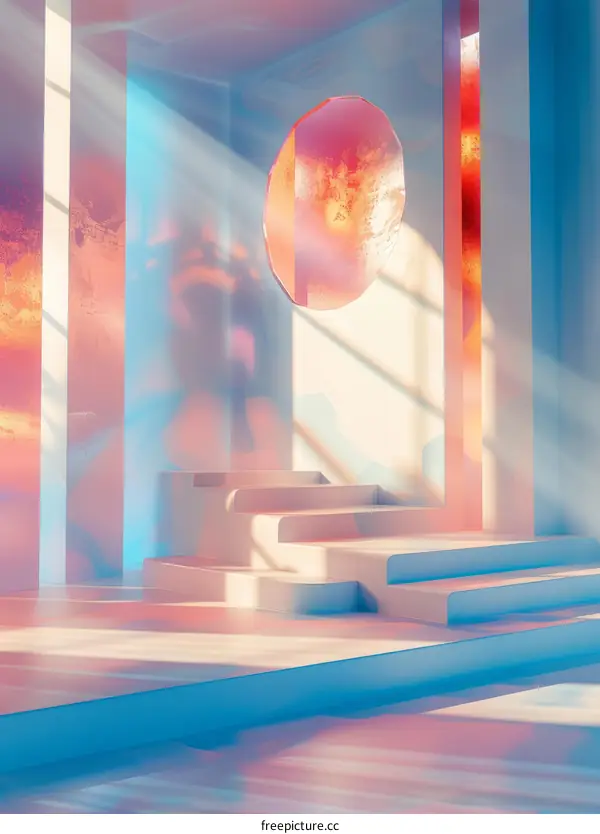 3D rendering of a surreal room with a large glowing sphere