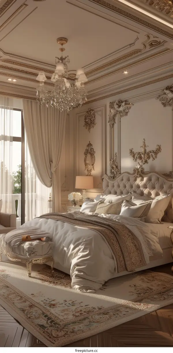 Elegant Bedroom Interior Design with Ornate Moldings and Chandelier