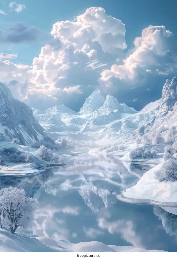 Snowy Winter Landscape with Frozen Lake and Snow-Capped Mountains