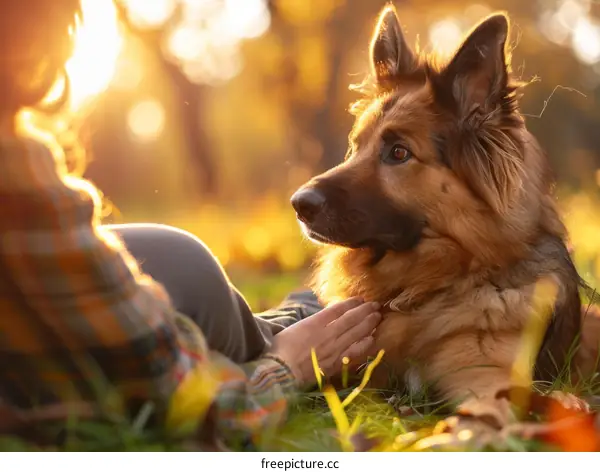 A young woman is lying on the grass with her German Shepherd dog