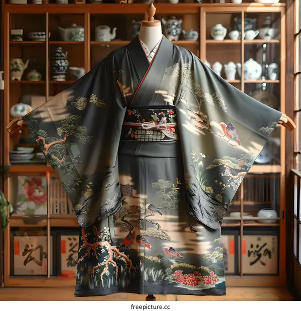 A kimono with a pattern of pine trees and cranes.
