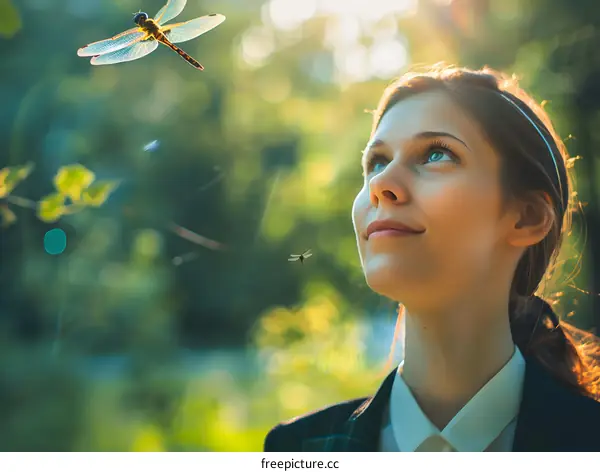 Young Woman Admiring Dragonfly In Nature