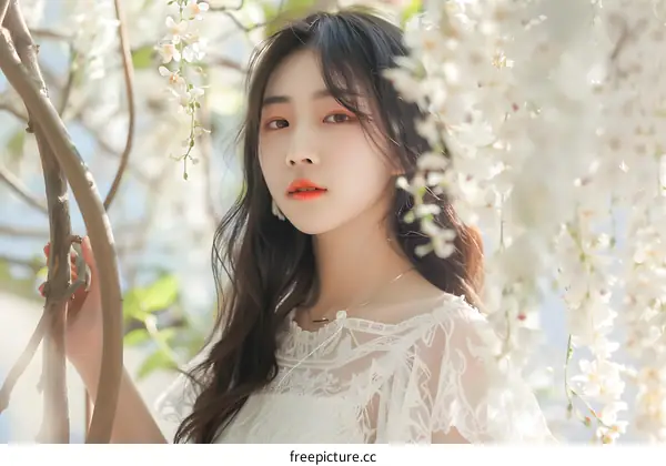 Beautiful Asian Woman In White Dress With Flowers