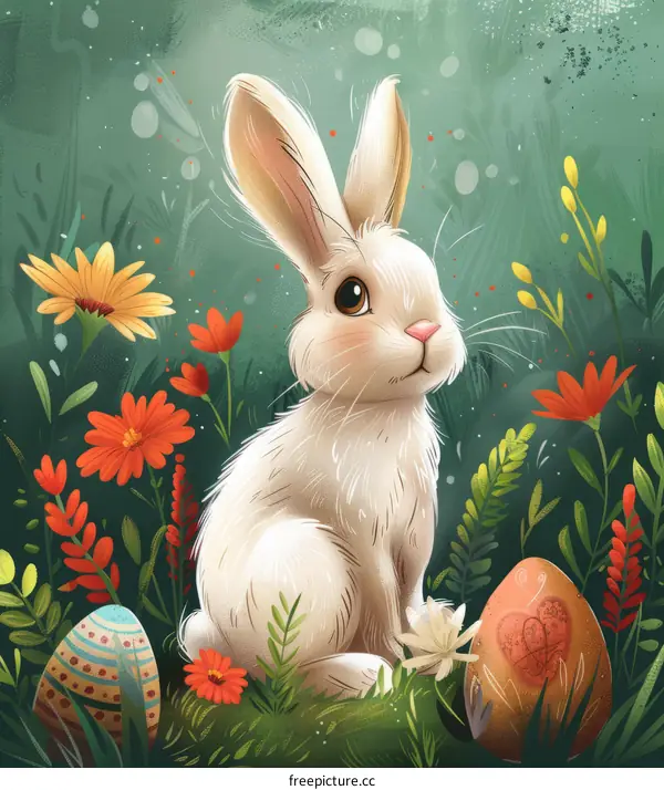 Cute Easter Bunny with Spring Flowers and Eggs