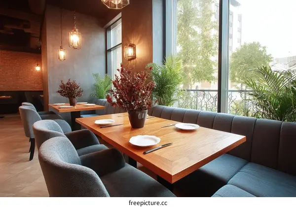 Modern Restaurant Interior with Large Windows