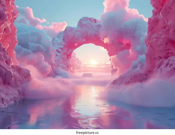 Fantasy landscape with a pink rock arch and a pink sea