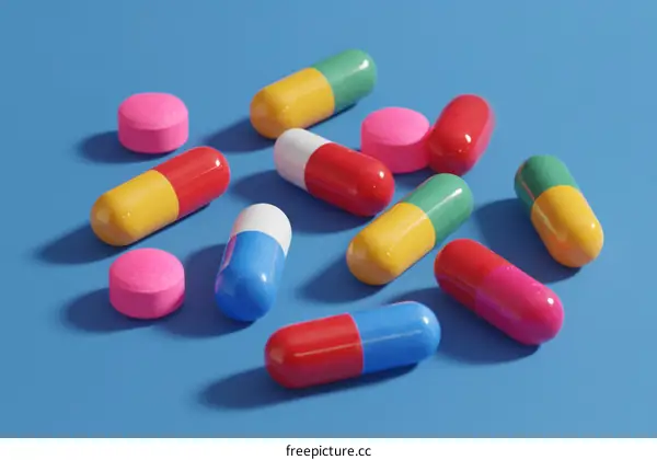 Colorful Assorted Pills on a Blue Background