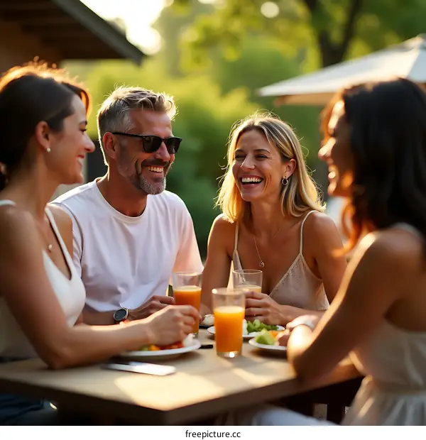 Friends Enjoying a Meal and Conversation Outdoors