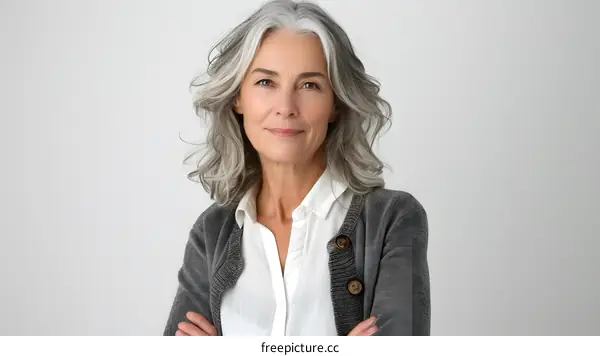 portrait of a beautiful middle aged woman with grey hair