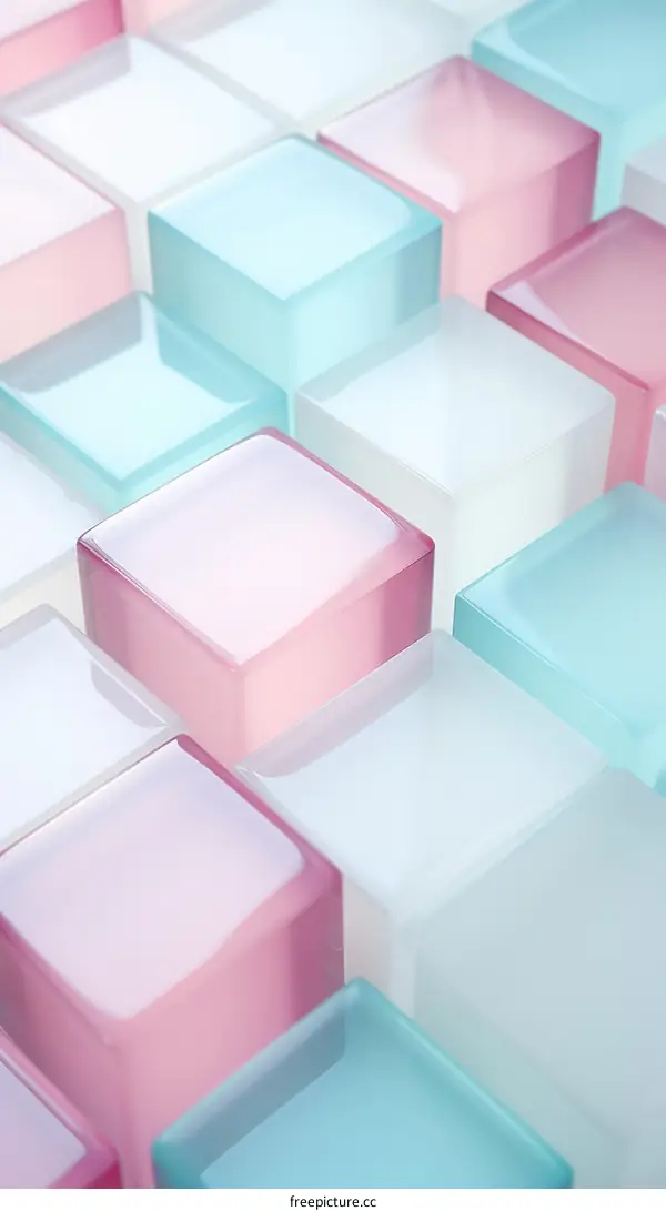 3D rendering of translucent pastel pink, blue, and white cubes