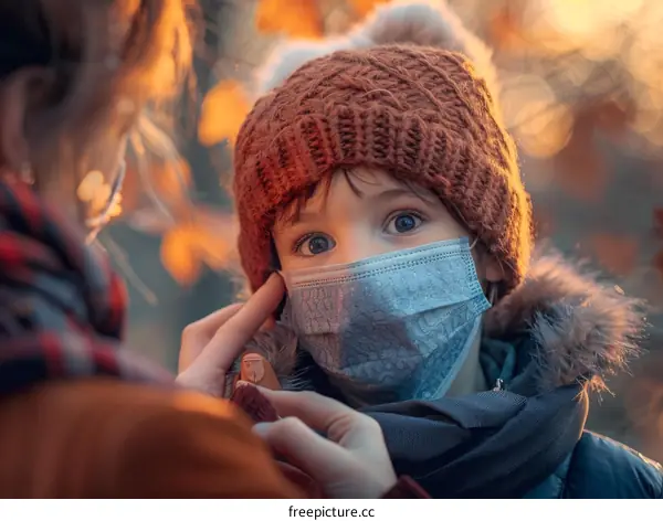 Mother and son wearing protective face masks outdoors during coronavirus pandemic
