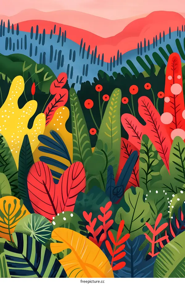 Colorful Tropical Illustration with Red and Yellow Leaves