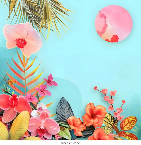 Tropical Flowers on Blue Background