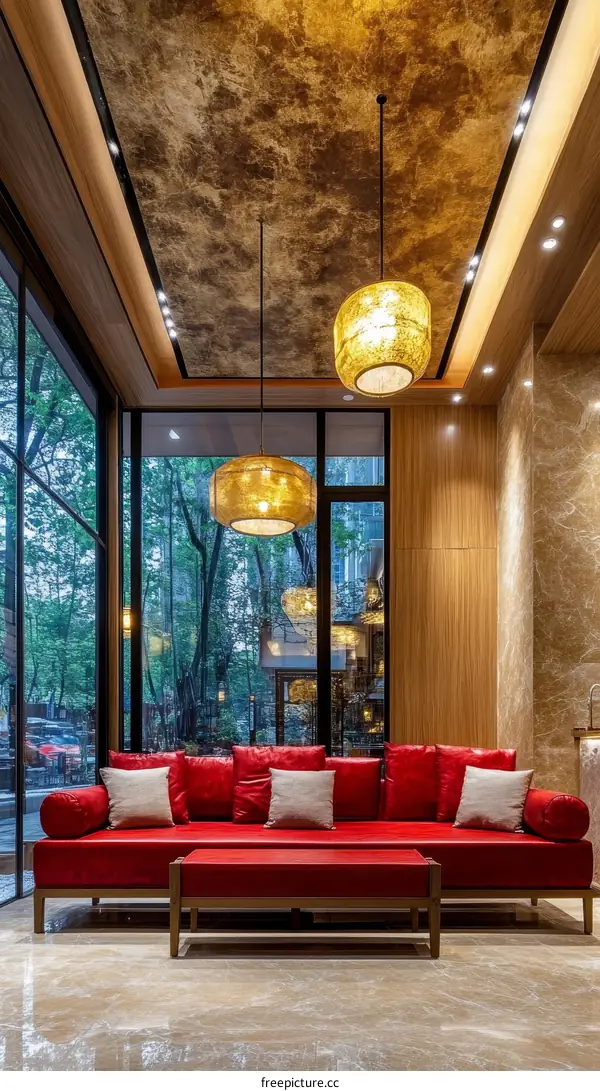 Modern Red Sofa in a Stylish Lobby