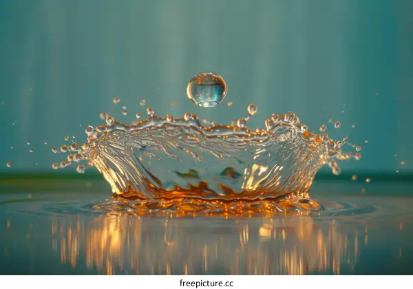 Water drop photography of a single water drop falling into a pool of water