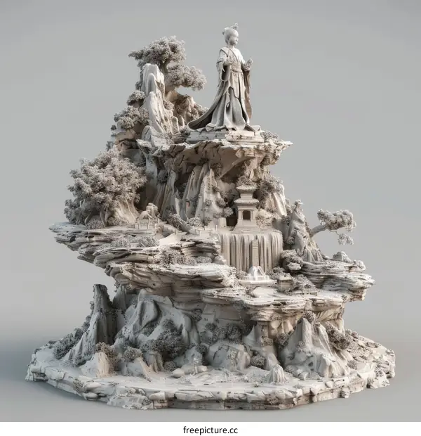 3D Model of a Chinese Landscape Sculpture with a Lady Figure