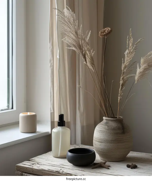 Dried Flowers in a Neutral Color Vase by the Window